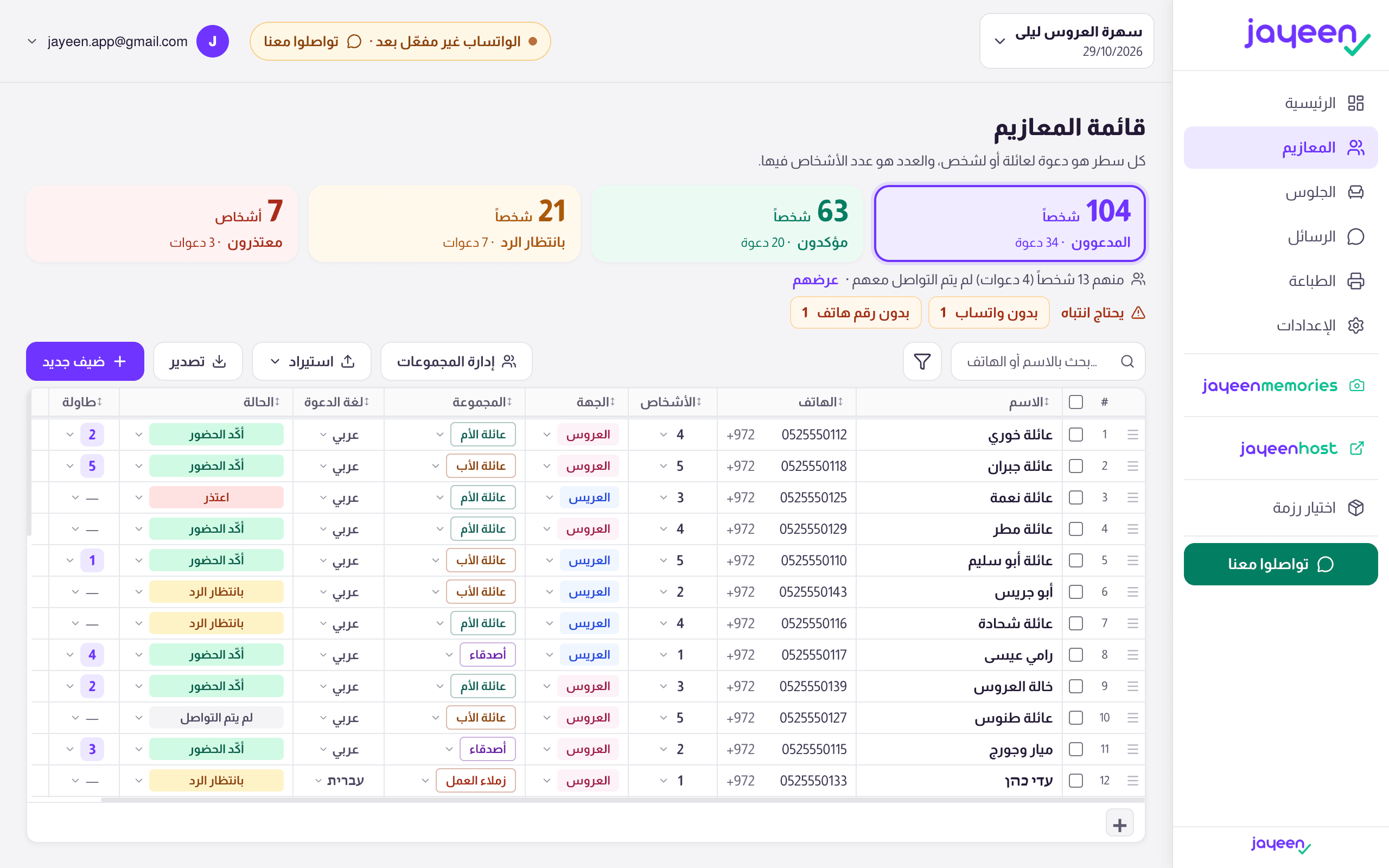 قائمة المعازيم في جايين على الحاسوب